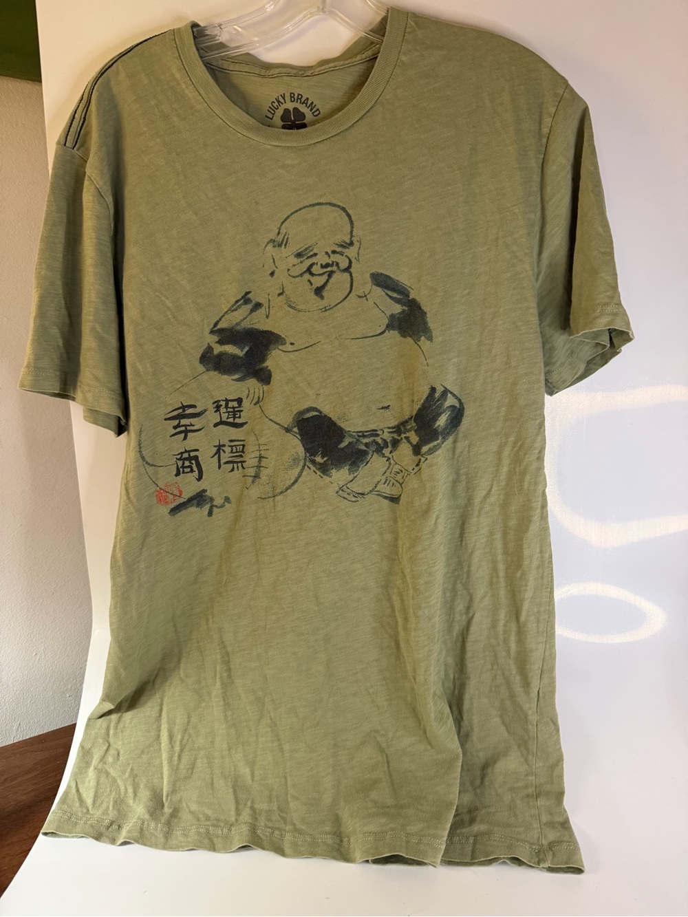 Lucky Brand Men’s Olive Graphic Tee - Buddha Print Medium 100% Soft Cotton